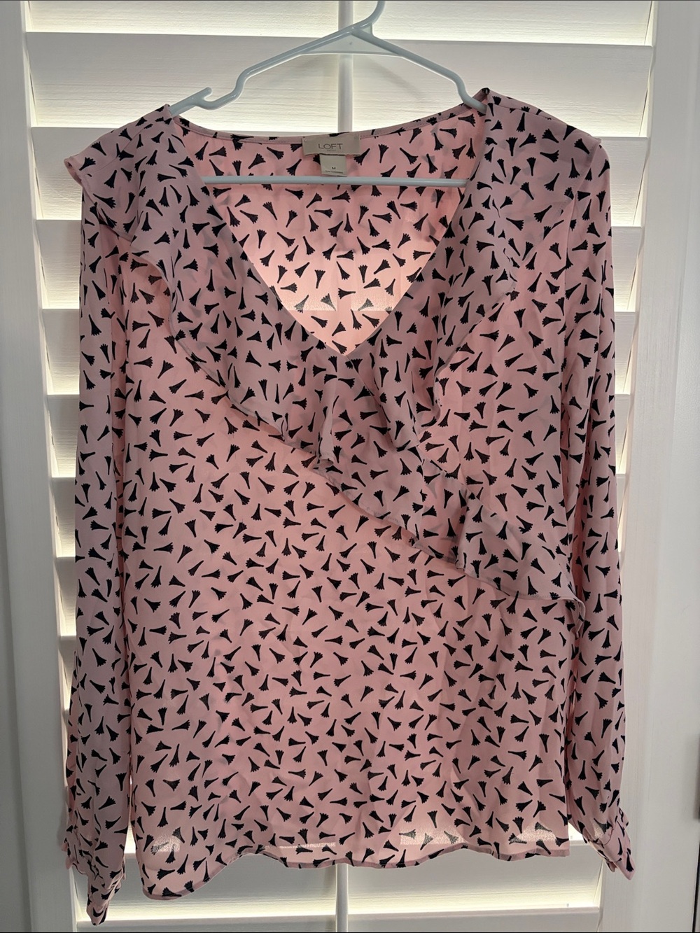 LOFT Pink Blouse with Black Geometric Print and Ruffle V-Neck